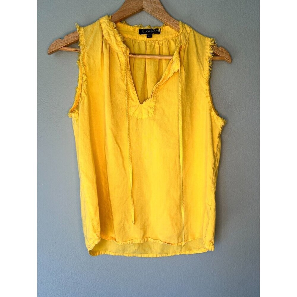 Velvet Heart Top Women's XS Yellow Linen Tasseled-Tie Frayed Trim V-Neck Beachy